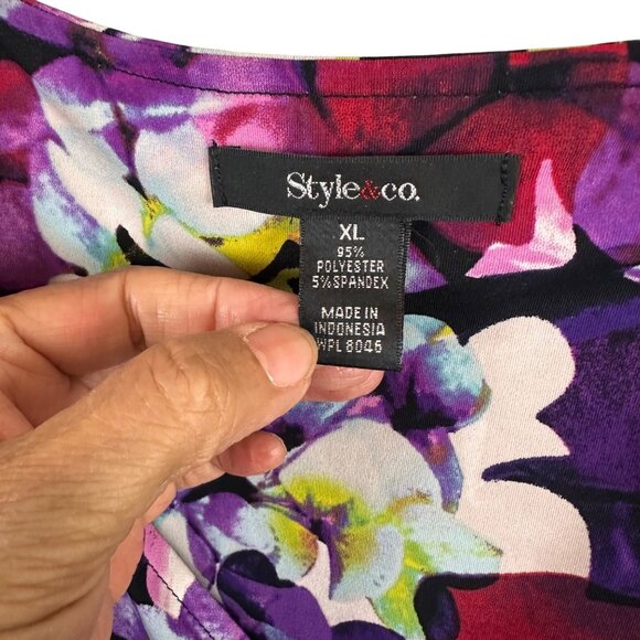 Style & Co  XL Floral Print Top 3/4 Sleeve Purple Multi-Color Polyester Spandex - Picture 11 of 12